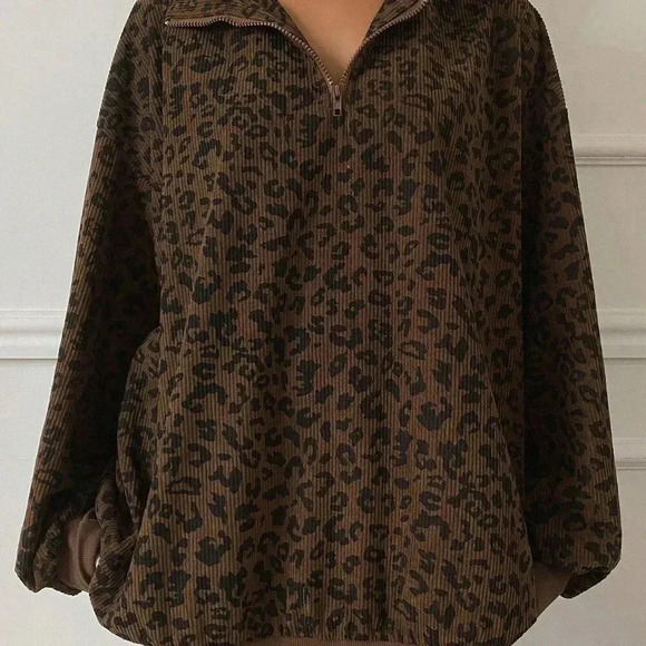 Brown Casual Women's Zip Up Front Long Sleeve Leopard Print Sweatshirt - Picture 3 of 6